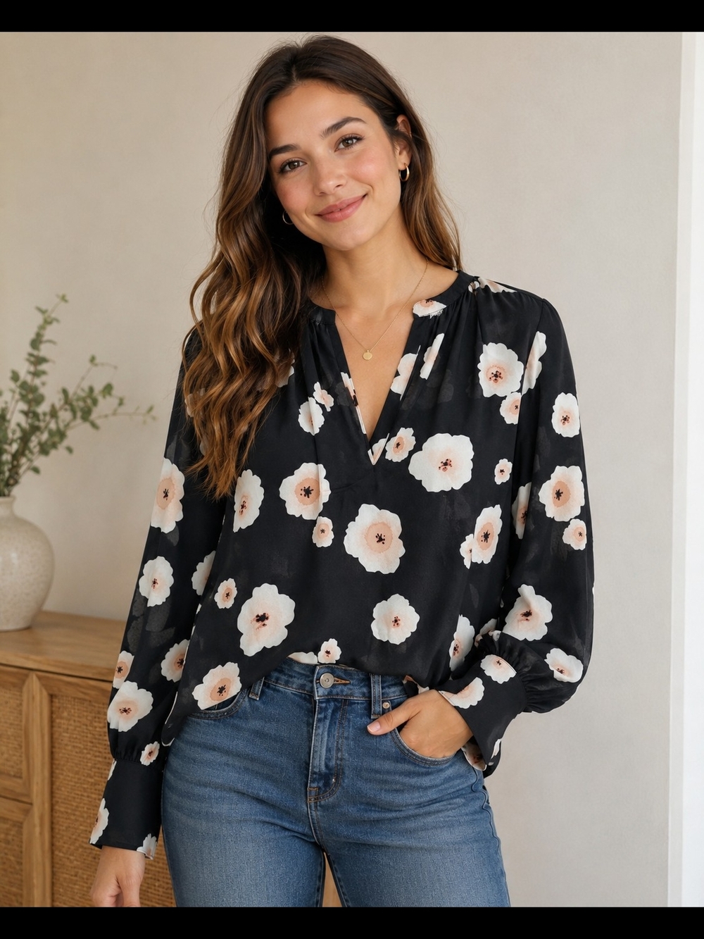 Club Monaco 100% Silk Black Floral Long Sleeve Blouse